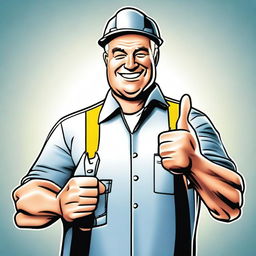 A digital art image of a kind middle-aged electrician in professional attire, holding a pair of pliers and giving a thumbs-up