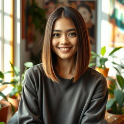 A young woman with straight, sleek bob cut hairstyle, sitting in a bright, sunlit room surrounded by indoor plants