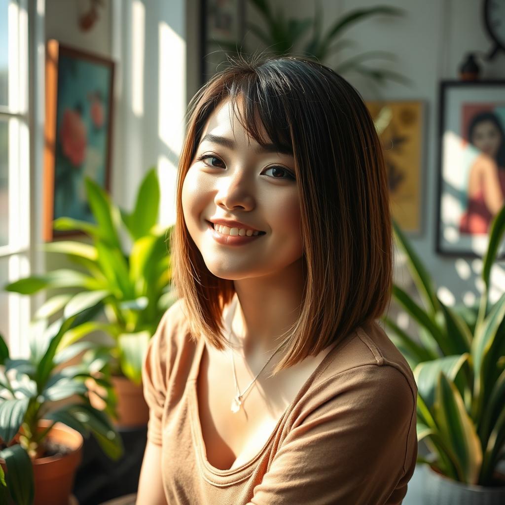 A young woman with straight, sleek bob cut hairstyle, sitting in a bright, sunlit room surrounded by indoor plants