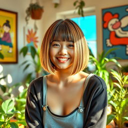 A young woman with straight, sleek bob cut hairstyle, sitting in a bright, sunlit room surrounded by indoor plants