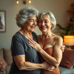 A well-bodied woman in her 70s gently touching the chest of her 20-year-old busty friend, creating a playful and intimate moment