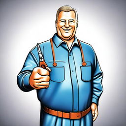 A digital art image of a kind middle-aged electrician in professional attire, holding a pair of pliers and giving a thumbs-up