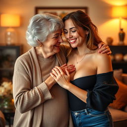 A well-bodied woman in her 70s gently touching the chest of her 20-year-old busty friend, creating a playful and intimate moment