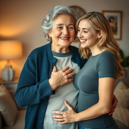 A well-bodied woman in her 70s gently touching the chest of her 20-year-old busty friend, creating a playful and intimate moment