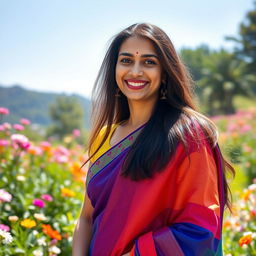 A 35-year-old Indian woman with light skin and long, flowing hair, wearing a vibrant traditional sari in bright colors