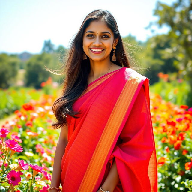 A 35-year-old Indian woman with light skin and long, flowing hair, wearing a vibrant traditional sari in bright colors