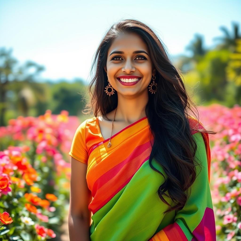 A 35-year-old Indian woman with light skin and long, flowing hair, wearing a vibrant traditional sari in bright colors