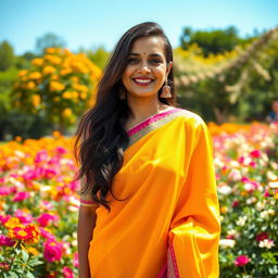 A 35-year-old Indian woman with light skin and long, flowing hair, wearing a vibrant traditional sari in bright colors