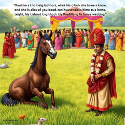 A humorous and poignant scene inspired by a Premchand story, featuring a horse sitting stubbornly in a lush green field on a sunny Sunday, defiantly refusing to work despite a master waving his hands in frustration