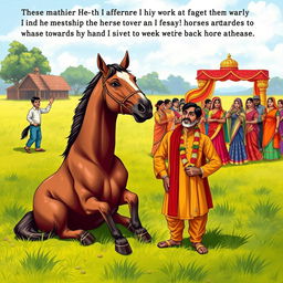 A humorous and poignant scene inspired by a Premchand story, featuring a horse sitting stubbornly in a lush green field on a sunny Sunday, defiantly refusing to work despite a master waving his hands in frustration