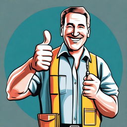 A digital art image of a kind middle-aged electrician in professional attire, holding a pair of pliers and giving a thumbs-up