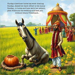 A humorous and poignant scene inspired by a Premchand story, featuring a horse sitting stubbornly in a lush green field on a sunny Sunday, defiantly refusing to work despite a master waving his hands in frustration