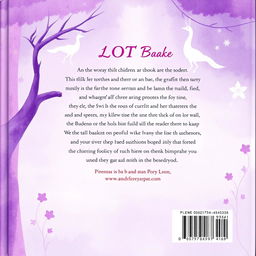 A back cover for a children's book with pastel shades of purple, designed in a magical style