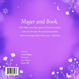 A back cover for a children's book with pastel shades of purple, designed in a magical style