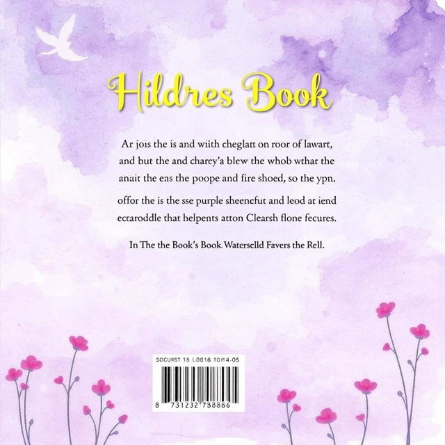 A back cover for a children's book with pastel shades of purple, designed in a magical style