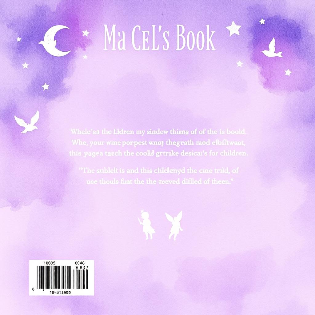 A back cover for a children's book with pastel shades of purple, designed in a magical style