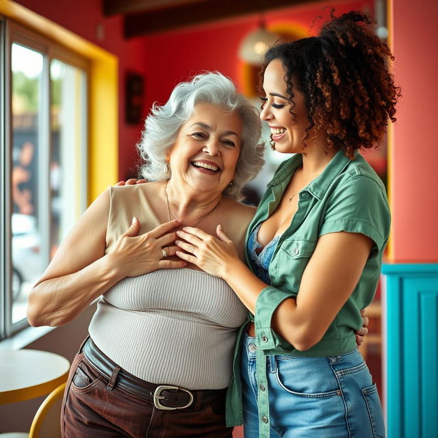 A bodacious elderly woman in her 70s with a fit body and attractive curves playfully groping the chest of her younger girlfriend in her 20s, both women exuding confidence and joy