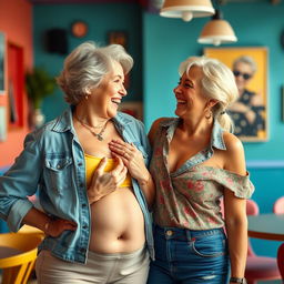 A bodacious elderly woman in her 70s with a fit body and attractive curves playfully groping the chest of her younger girlfriend in her 20s, both women exuding confidence and joy