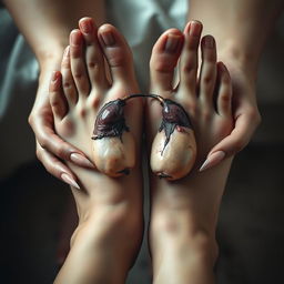A surreal and artistic representation featuring stunning women's feet with long manicured nails gently holding human testicles