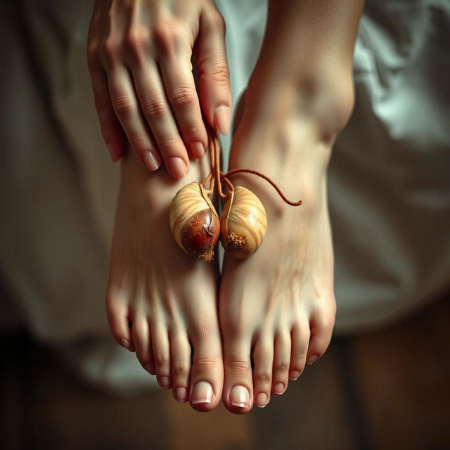 A surreal and artistic representation featuring stunning women's feet with long manicured nails gently holding human testicles