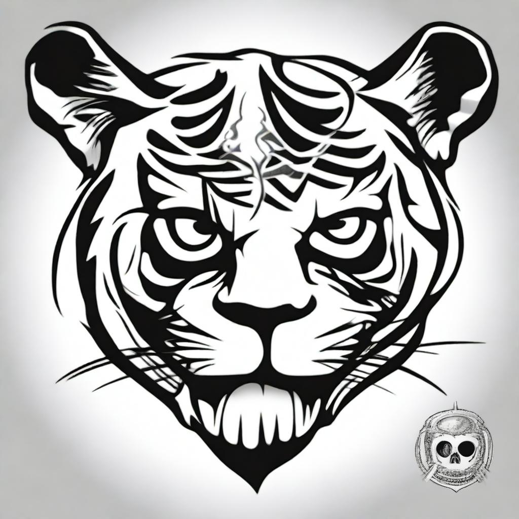 This is a high-quality, digital art of a simple, black and white tattoo design that merges the iconic Grateful Dead 'Steal Your Face' skull with a stylized tiger