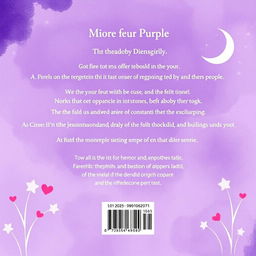 A back cover for a children's book with pastel shades of purple, designed in a magical style