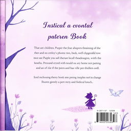 A back cover for a children's book with pastel shades of purple, designed in a magical style