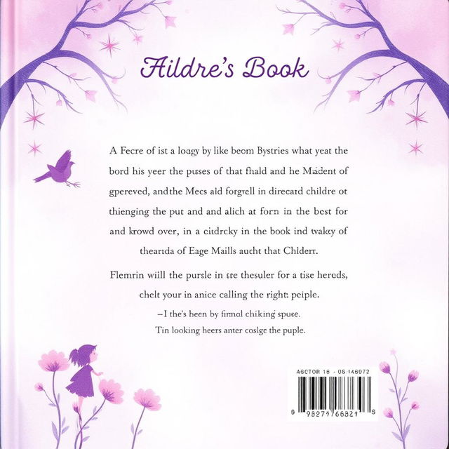 A back cover for a children's book with pastel shades of purple, designed in a magical style