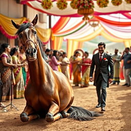 A comic and poignant scene depicting a stubborn horse sitting firmly on the ground, with its master beside it, looking frustrated and attempting to urge the horse to get up despite light-hearted attempts to beat him