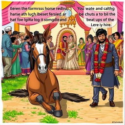 A comic and poignant scene depicting a stubborn horse sitting firmly on the ground, with its master beside it, looking frustrated and attempting to urge the horse to get up despite light-hearted attempts to beat him