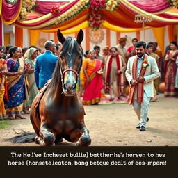 A comic and poignant scene depicting a stubborn horse sitting firmly on the ground, with its master beside it, looking frustrated and attempting to urge the horse to get up despite light-hearted attempts to beat him