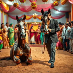 A comic and poignant scene depicting a stubborn horse sitting firmly on the ground, with its master beside it, looking frustrated and attempting to urge the horse to get up despite light-hearted attempts to beat him