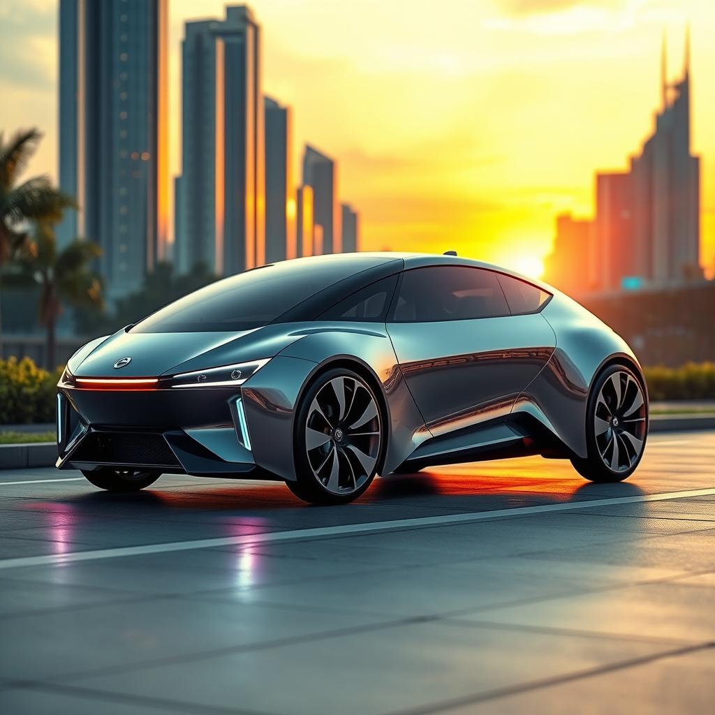 A futuristic electric car design featuring a sleek, aerodynamic body with sharp lines and a glossy finish