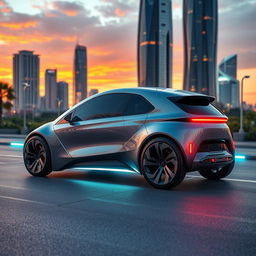 A futuristic electric car design featuring a sleek, aerodynamic body with sharp lines and a glossy finish