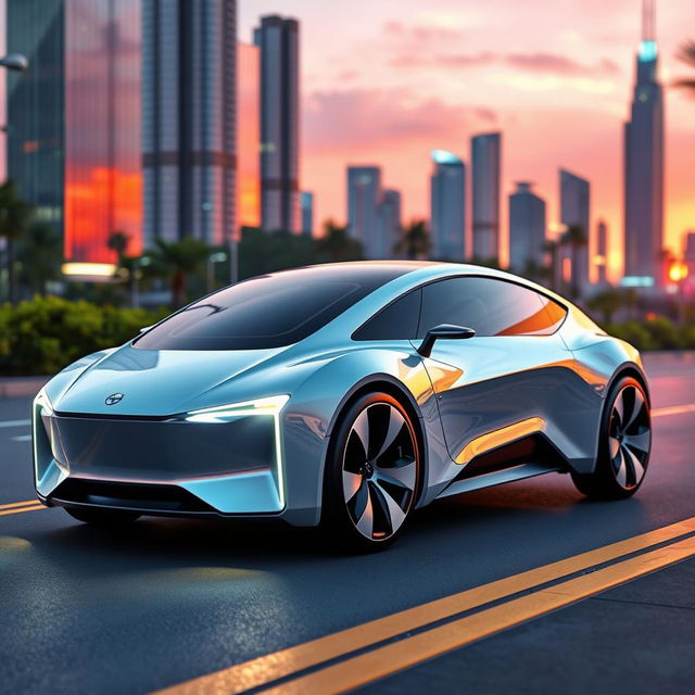 A futuristic electric car design featuring a sleek, aerodynamic body with sharp lines and a glossy finish