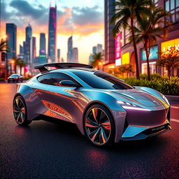 A futuristic electric car design featuring a sleek, aerodynamic body with sharp lines and a glossy finish