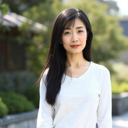 A full-body portrait of a 45-year-old woman with pale skin and long black hair, showcasing her natural beauty with an ordinary, makeup-free face