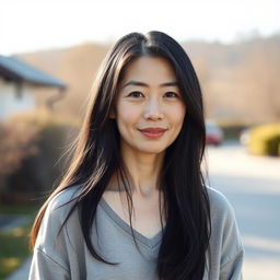 A full-body portrait of a 45-year-old woman with pale skin and long black hair, showcasing her natural beauty with an ordinary, makeup-free face