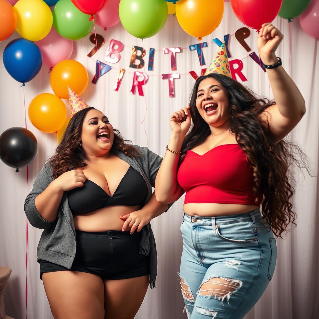 A celebration scene featuring a bodacious, plus-size 18-year-old girl joyfully celebrating her birthday