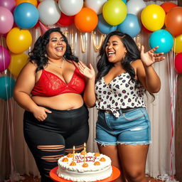 A celebration scene featuring a bodacious, plus-size 18-year-old girl joyfully celebrating her birthday