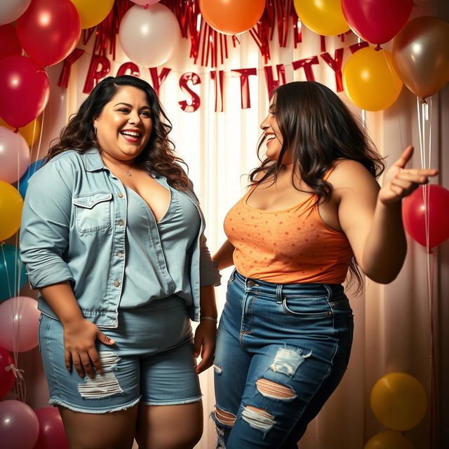 A celebration scene featuring a bodacious, plus-size 18-year-old girl joyfully celebrating her birthday