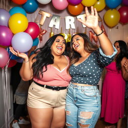 A celebration scene featuring a bodacious, plus-size 18-year-old girl joyfully celebrating her birthday