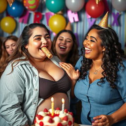 A lively birthday celebration scene featuring a bodacious, plus-size 18-year-old girl playfully dangling a cork from her lips, surrounded by colorful decorations and friends