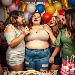 A lively birthday celebration scene featuring a bodacious, plus-size 18-year-old girl playfully dangling a cork from her lips, surrounded by colorful decorations and friends
