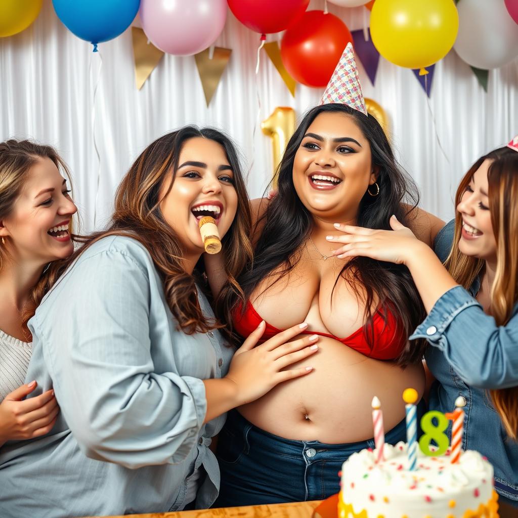 A lively birthday celebration scene featuring a bodacious, plus-size 18-year-old girl playfully dangling a cork from her lips, surrounded by colorful decorations and friends