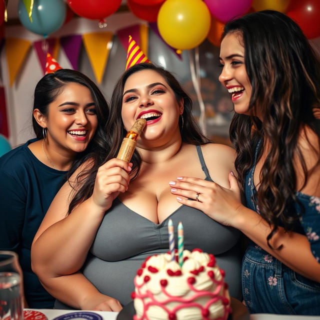 A lively birthday celebration scene featuring a bodacious, plus-size 18-year-old girl playfully dangling a cork from her lips, surrounded by colorful decorations and friends