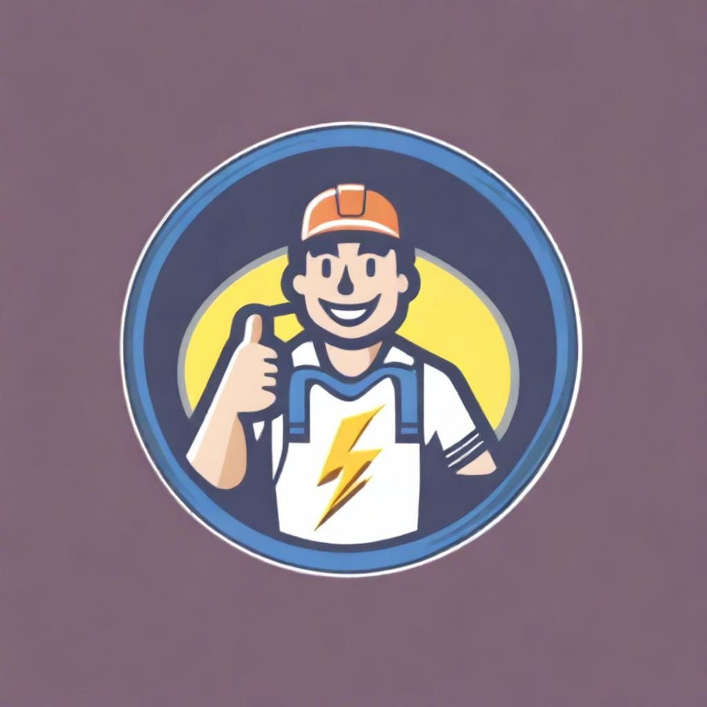 A high-quality digital logo featuring a friendly, stylized electrician holding a lightning bolt and giving a thumbs-up, encircled by a border with the company's name