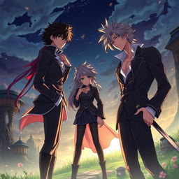 A sophisticated and artistic depiction inspired by Hunter x Hunter featuring adult versions of iconic characters in a fantasy setting
