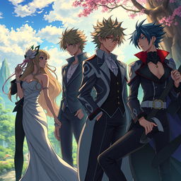 A sophisticated and artistic depiction inspired by Hunter x Hunter featuring adult versions of iconic characters in a fantasy setting