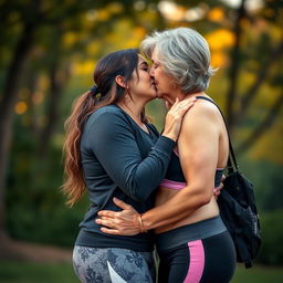A romantic scene featuring an 18-year-old bodacious and chubby girl passionately kissing her cougar girlfriend in her 50s, who has a fit body and is dressed in a stylish sporty outfit